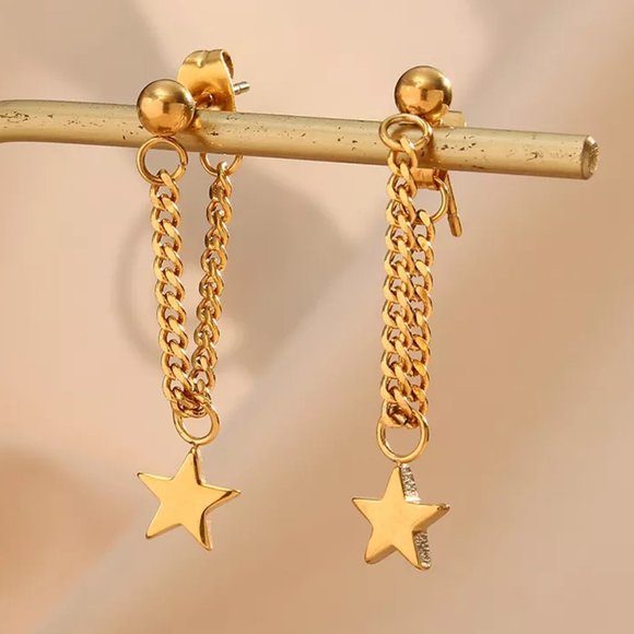 Star Chain Drop Earrings 18K Gold Plating Jewelry Gifts For Her / Wife / Mom - Picture 5 of 11